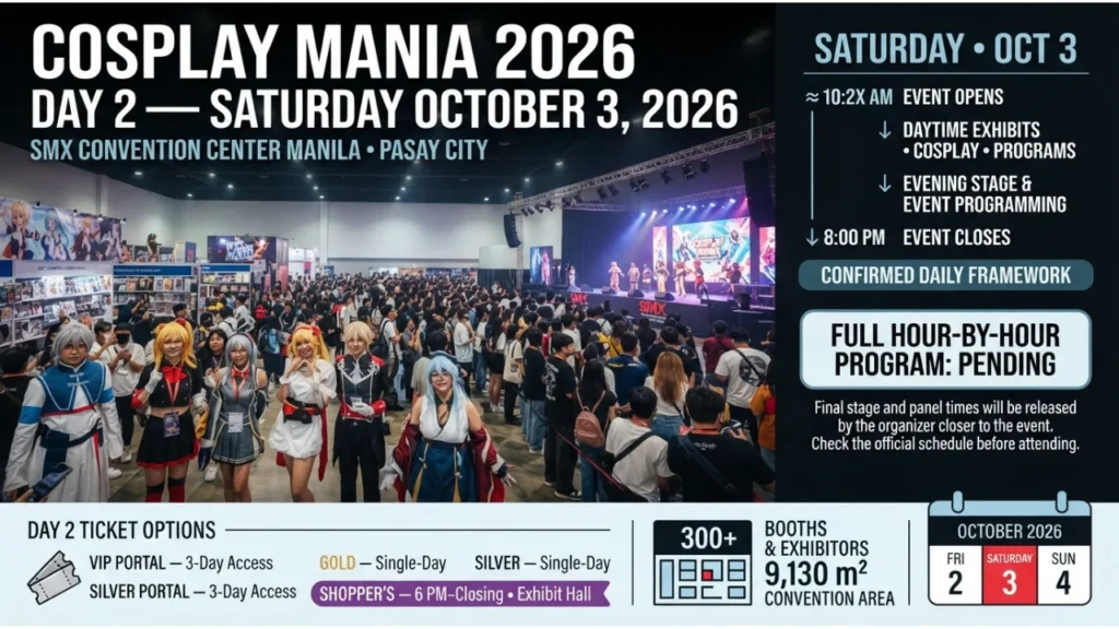 Cosplay Mania 2026 Day 2 (Saturday, Oct 3) Schedule